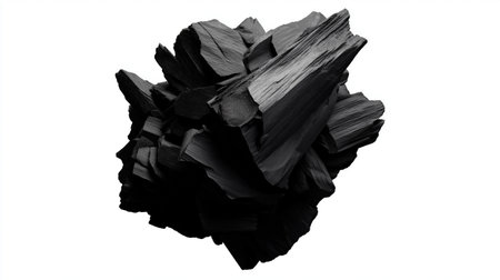 Black textured abstract object formed by sharp charcoal fragments floating on white. Black charcoal...