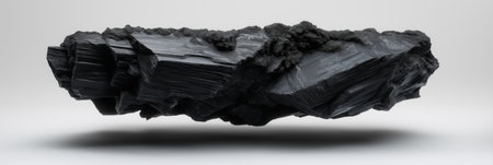 Black textured abstract object formed by sharp charcoal fragments floating on white. Black charcoal...