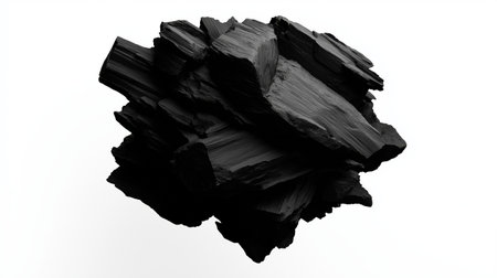 Black textured abstract object formed by sharp charcoal fragments floating on white. Black charcoal abstract sphere texture floating conceptの写真素材
