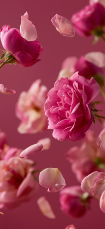 Pink rose blossoms and delicate petals gently floating, creating a beautiful floral pattern. Pink rose blossoms and petals falling on soft backgroundの写真素材