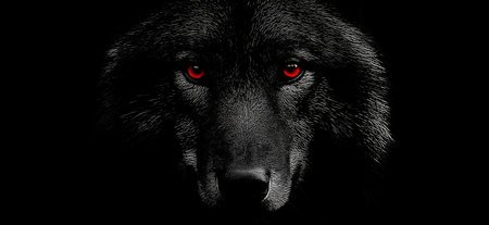 Dark wolf with red glowing eyes emerging from shadows, representing danger and mystery. Dark...