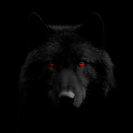 Dark wolf with red glowing eyes emerging from shadows, representing danger and mystery. Dark...