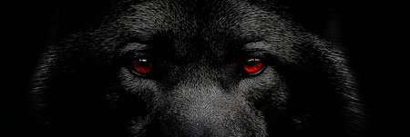 Dark wolf with red glowing eyes emerging from shadows, representing danger and mystery. Dark...