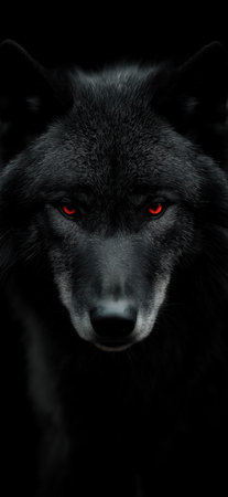 Dark wolf with red glowing eyes emerging from shadows, representing danger and mystery. Dark formidable wolf with piercing red eyesの写真素材
