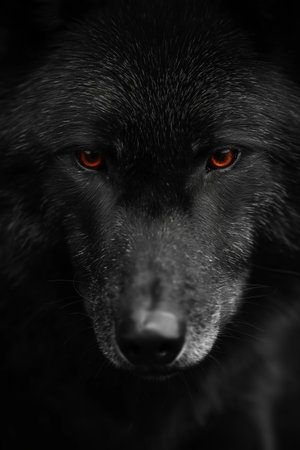 Dark wolf with red glowing eyes emerging from shadows, representing danger and mystery. Dark...