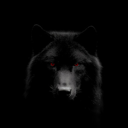 Dark wolf with red glowing eyes emerging from shadows, representing danger and mystery. Dark...