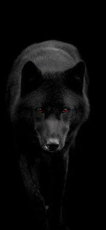 Dark wolf with red glowing eyes emerging from shadows, representing danger and mystery. Dark...