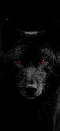 Dark wolf with red glowing eyes emerging from shadows, representing danger and mystery. Dark formidable wolf with piercing red eyesの写真素材