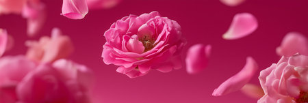 Pink rose blossoms and delicate petals gently floating, creating a beautiful floral pattern. Pink rose blossoms and petals falling on soft backgroundの写真素材