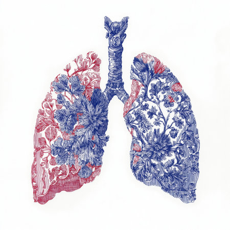 Stylized lungs displaying rich blue and red ornamental designs against a white background....