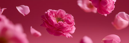Pink rose blossoms and delicate petals gently floating, creating a beautiful floral pattern. Pink rose blossoms and petals falling on soft backgroundの写真素材