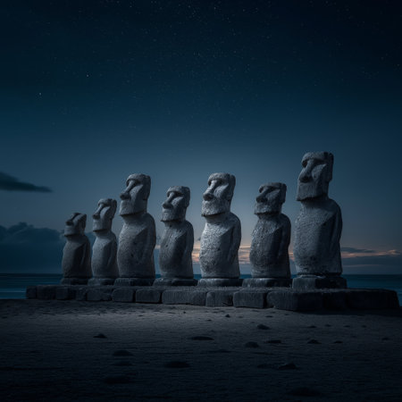 Ancient Moai statues standing by the ocean under a night sky with bright moonlight. Moai statues on Easter Island watching rising moonlightの写真素材