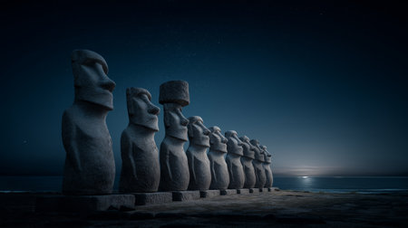 Ancient Moai statues standing by the ocean under a night sky with bright moonlight. Moai statues on Easter Island watching rising moonlightの写真素材