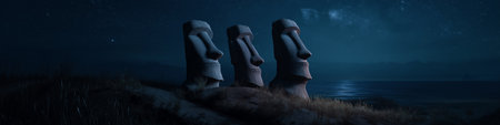 Ancient Moai statues standing by the ocean under a night sky with bright moonlight. Moai statues on Easter Island watching rising moonlightの写真素材