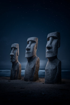 Ancient Moai statues standing by the ocean under a night sky with bright moonlight. Moai statues on Easter Island watching rising moonlightの写真素材