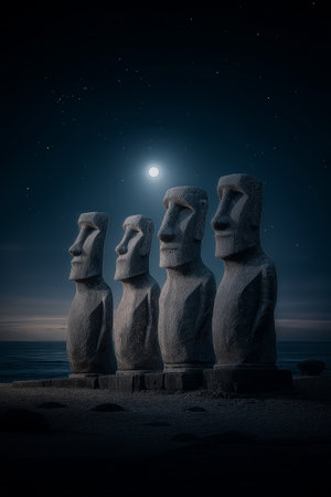 Ancient Moai statues standing by the ocean under a night sky with bright moonlight. Moai statues on Easter Island watching rising moonlightの写真素材
