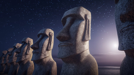 Ancient Moai statues standing by the ocean under a night sky with bright moonlight. Moai statues on...