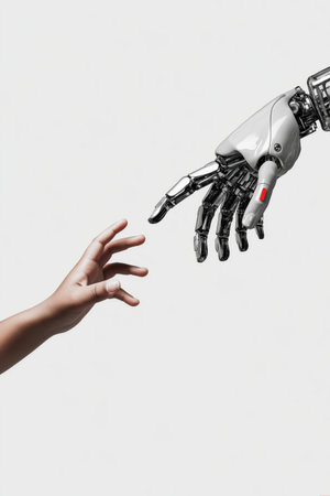 Human hand nearly touching robotic hand, representing connection, future, and artificial intelligence. Child hand reaching robotic hand symbolizing human technology trustの写真素材