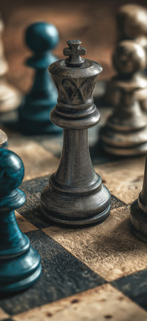 Dark chess queen piece highlighting strategy and competition. Chess queen piece standing on wooden chessboardの写真素材