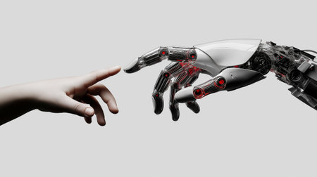 Human hand nearly touching robotic hand, representing connection, future, and artificial intelligence. Child hand reaching robotic hand symbolizing human technology trustの写真素材