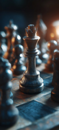 Dark chess queen piece highlighting strategy and competition. Chess queen piece standing on wooden chessboardの写真素材