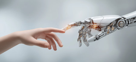 Human hand nearly touching robotic hand, representing connection, future, and artificial intelligence. Child hand reaching robotic hand symbolizing human technology trustの写真素材