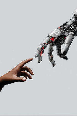 Human hand nearly touching robotic hand, representing connection, future, and artificial intelligence. Child hand reaching robotic hand symbolizing human technology trustの写真素材