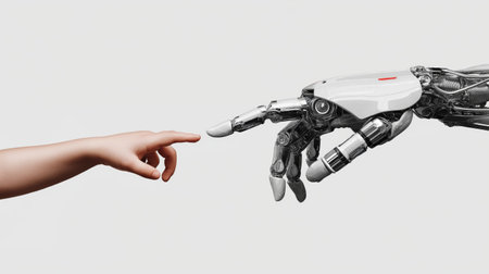 Human hand nearly touching robotic hand, representing connection, future, and artificial intelligence. Child hand reaching robotic hand symbolizing human technology trustの写真素材