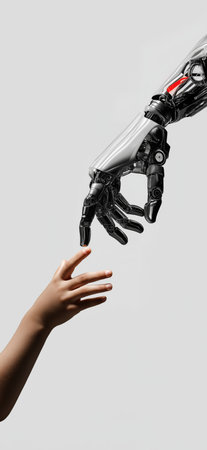 Human hand nearly touching robotic hand, representing connection, future, and artificial intelligence. Child hand reaching robotic hand symbolizing human technology trustの写真素材