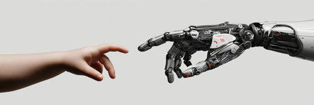 Human hand nearly touching robotic hand, representing connection, future, and artificial...