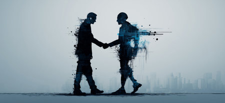 Human and artificial intelligence entities shaking hands, symbolizing collaboration and future...