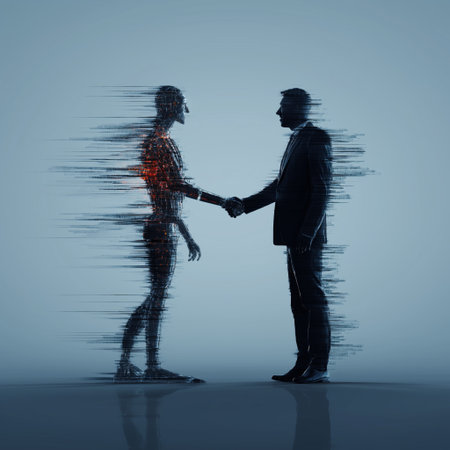 Human and artificial intelligence entities shaking hands, symbolizing collaboration and future...