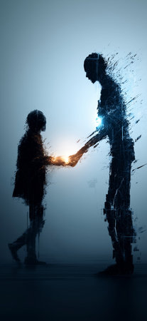 Human and artificial intelligence entities shaking hands, symbolizing collaboration and future...