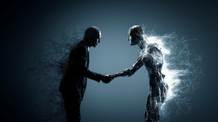 Human and artificial intelligence entities shaking hands, symbolizing collaboration and future...