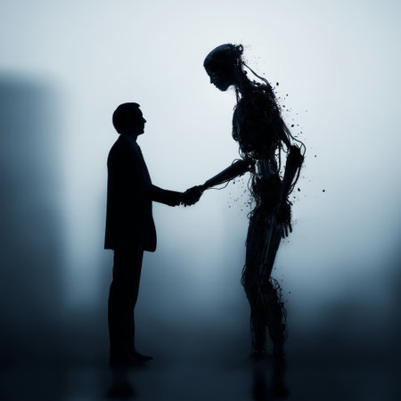 Human and artificial intelligence entities shaking hands, symbolizing collaboration and future technology. Human IT project manager shaking hands with AIの写真素材