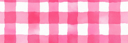Pink and white watercolor checkered pattern creating a rustic seamless background texture. Pink watercolor gingham check seamless pattern backgroundの写真素材