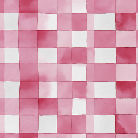 Pink and white watercolor checkered pattern creating a rustic seamless background texture. Pink...