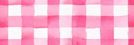 Pink and white watercolor checkered pattern creating a rustic seamless background texture. Pink watercolor gingham check seamless pattern backgroundの写真素材