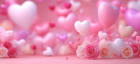 Floating hearts and delicate roses creating a romantic pink background for Valentine's Day. Pink and...