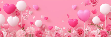 Floating hearts and delicate roses creating a romantic pink background for Valentine's Day. Pink and white heart balloons with roses celebrating loveの写真素材