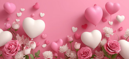 Floating hearts and delicate roses creating a romantic pink background for Valentine's Day. Pink and white heart balloons with roses celebrating loveの写真素材