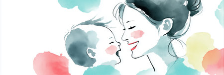 Watercolor illustration depicting a mother embracing her happy child with warmth and care. Mother and child smiling showing love and connectionの写真素材