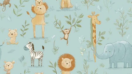 Safari animals pattern with giraffes, elephants, and lions on a light blue background. Cute cartoon jungle animals seamless patternの写真素材