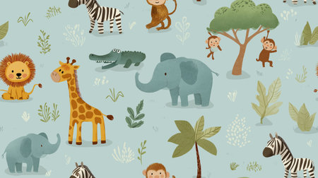 Safari animals pattern with giraffes, elephants, and lions on a light blue background. Cute cartoon jungle animals seamless patternの写真素材