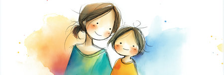 Watercolor illustration depicting a mother embracing her happy child with warmth and care. Mother and child smiling showing love and connectionの写真素材