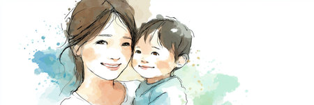 Watercolor illustration depicting a mother embracing her happy child with warmth and care. Mother and child smiling showing love and connectionの写真素材