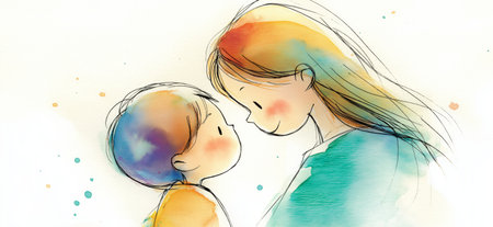 Watercolor illustration depicting a mother embracing her happy child with warmth and care. Mother and child smiling showing love and connectionの写真素材