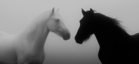 Two horses, one white and one black, facing each other on a misty light background. Black and white horses connecting in a minimalist conceptの写真素材