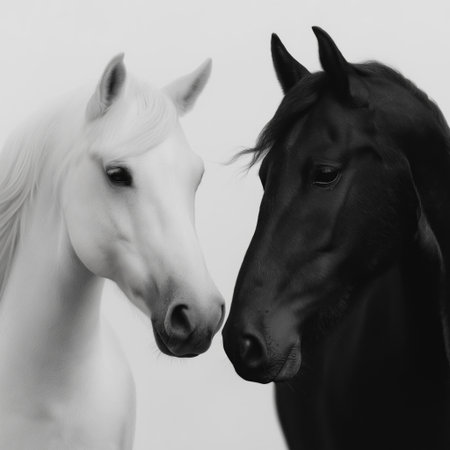 Two horses, one white and one black, facing each other on a misty light background. Black and white horses connecting in a minimalist conceptの写真素材