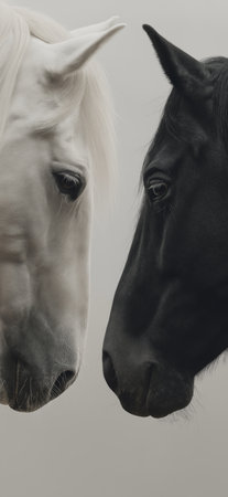 Two horses, one white and one black, facing each other on a misty light background. Black and white horses connecting in a minimalist conceptの写真素材